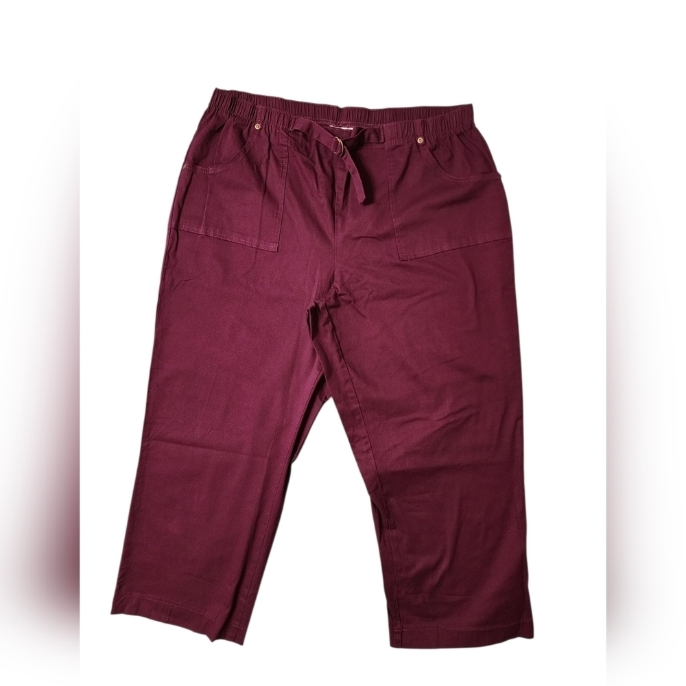 Denim & Co Women Burgundy Wide Leg Cargo Trousers Pants Pocket Belted Casual